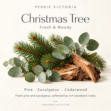 Load image into Gallery viewer, Perrie Victoria Christmas Tree fragrance guide: fresh and woody, with pine, eucalyptus and cedarwood notes.
