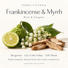 Load image into Gallery viewer, Perrie Victoria Frankincense &amp; Myrrh fragrance guide: rich and elegant, with bergamot, lily of the valley and soft musk notes.
