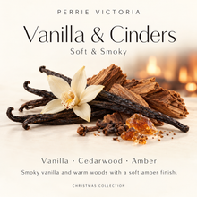Load image into Gallery viewer, Perrie Victoria Vanilla &amp; Cinders fragrance guide: soft and smoky, with vanilla, cedarwood and amber notes.
